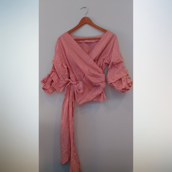 Zara Woman Cropped Wrap Mid Roached Sleeve Top Stripes White and Red XS - Picture 1 of 5